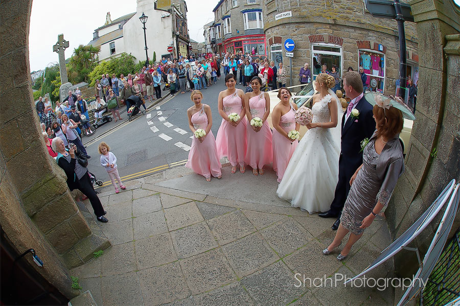 Crowds gather for the bride's arrival at St Ives Prish Church