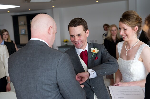 happy bride and groom during their wedding ceremony