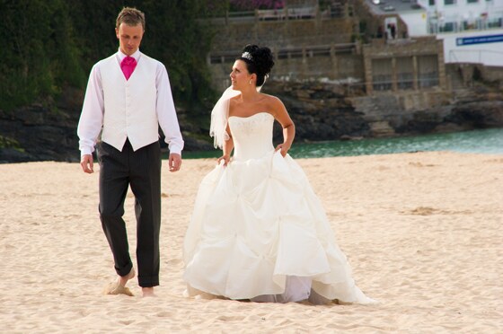 wedding photograph St Ives beach of couple getting married in Cornwall