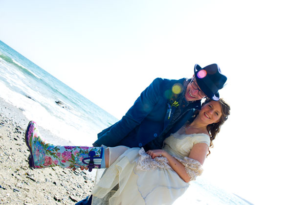 bride shows of her colourful wellies