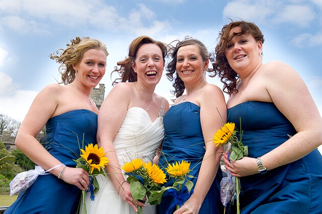 wedding group in Cornwall of bride and bridesmaids 