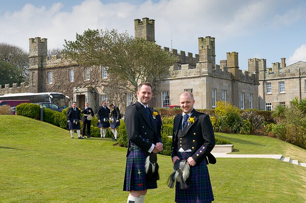 groom and bestman photographed infront of Tregenna Castle by Cornwall photographers Shah Photography