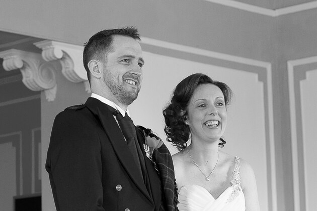 black and white wedding photograph of bride and groom during their Cornwall ceremony at St Ives 