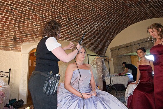 The bride looking anxious before her wedding ceremony at Polhawn Fort