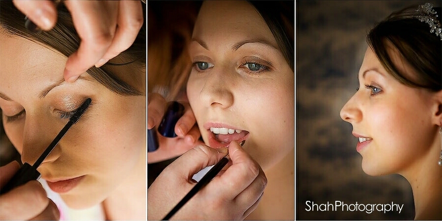 A series of pictures showing a close up of the eye makeup whilst the mascara is applied to the bride's eyelashes, the lips being outlined and a profile of the finished look