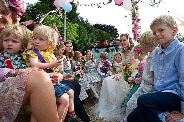 off to the reception by tractor and trailer