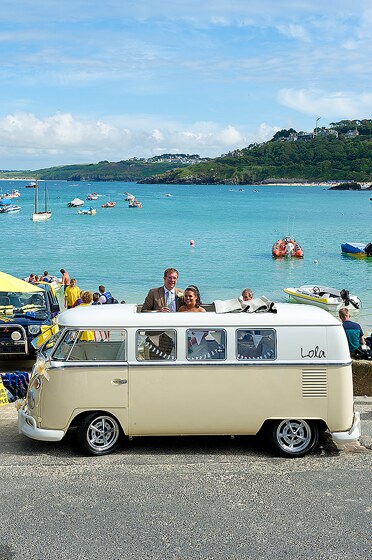 VW camper St Ives Bride and Groom