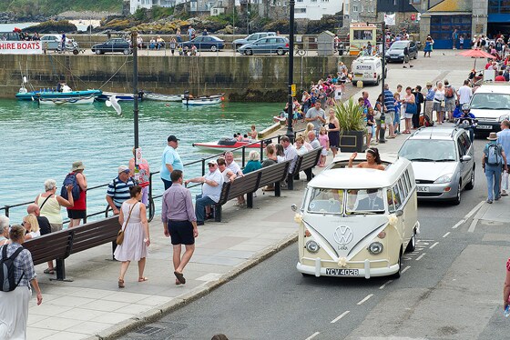 VW Camper takes bride to her wedding in St Ives photograph by Shah Photography