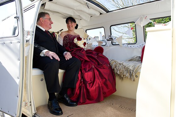 Bride and father in VW Camper van from Strawberry Leisure